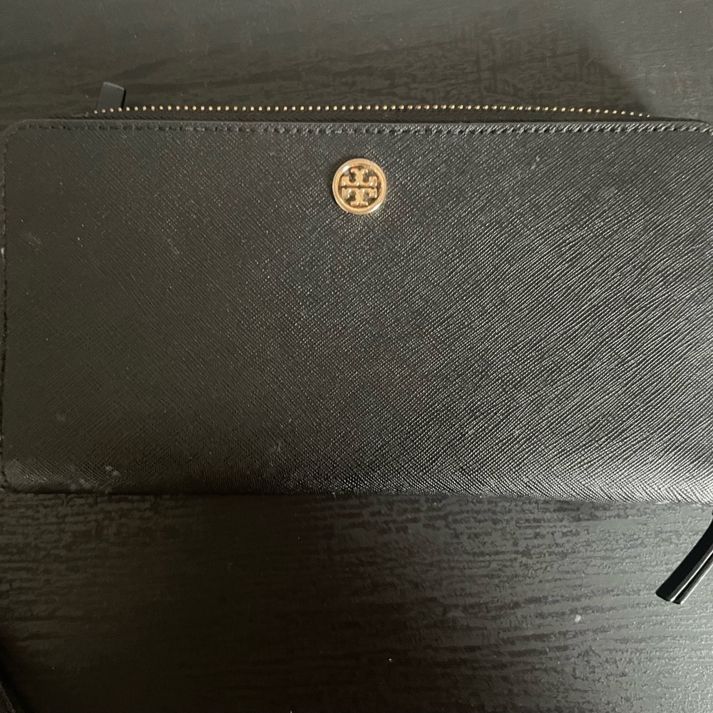 Tory Burch Black Saffiano Wristlet with Gold Emblem